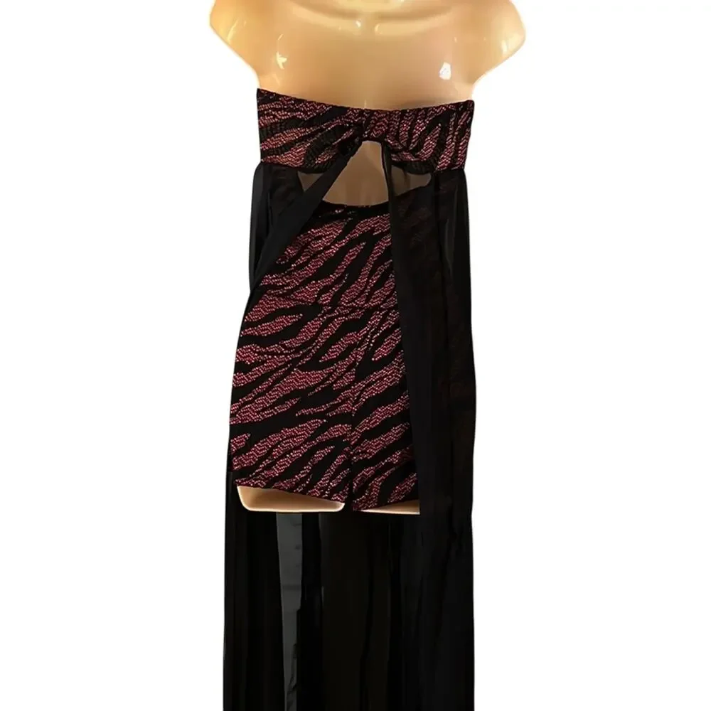 Flamingo Brand Strapless Long Flowy Black Chiffon and pink lace Romper Clubwear